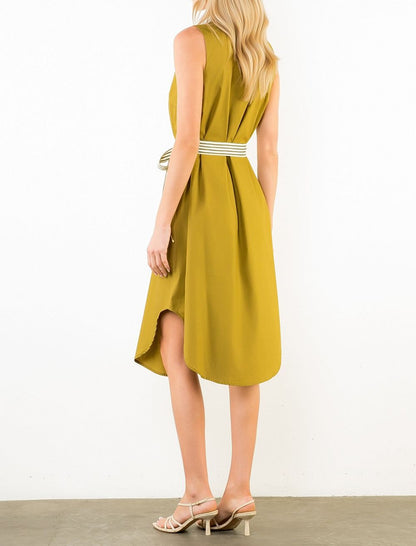 OLIVE STRIPED BANDING BUTTON-DOWN SLEEVELESS MIDI DRESS