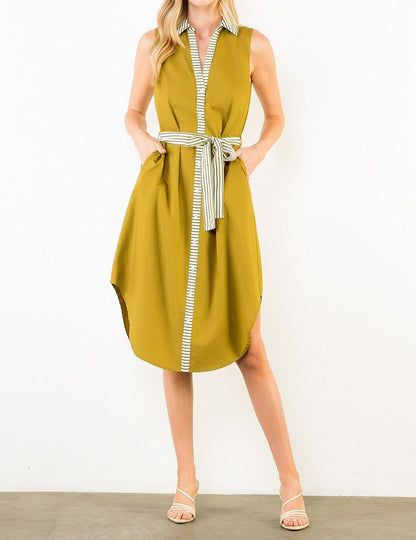 OLIVE STRIPED BANDING BUTTON-DOWN SLEEVELESS MIDI DRESS
