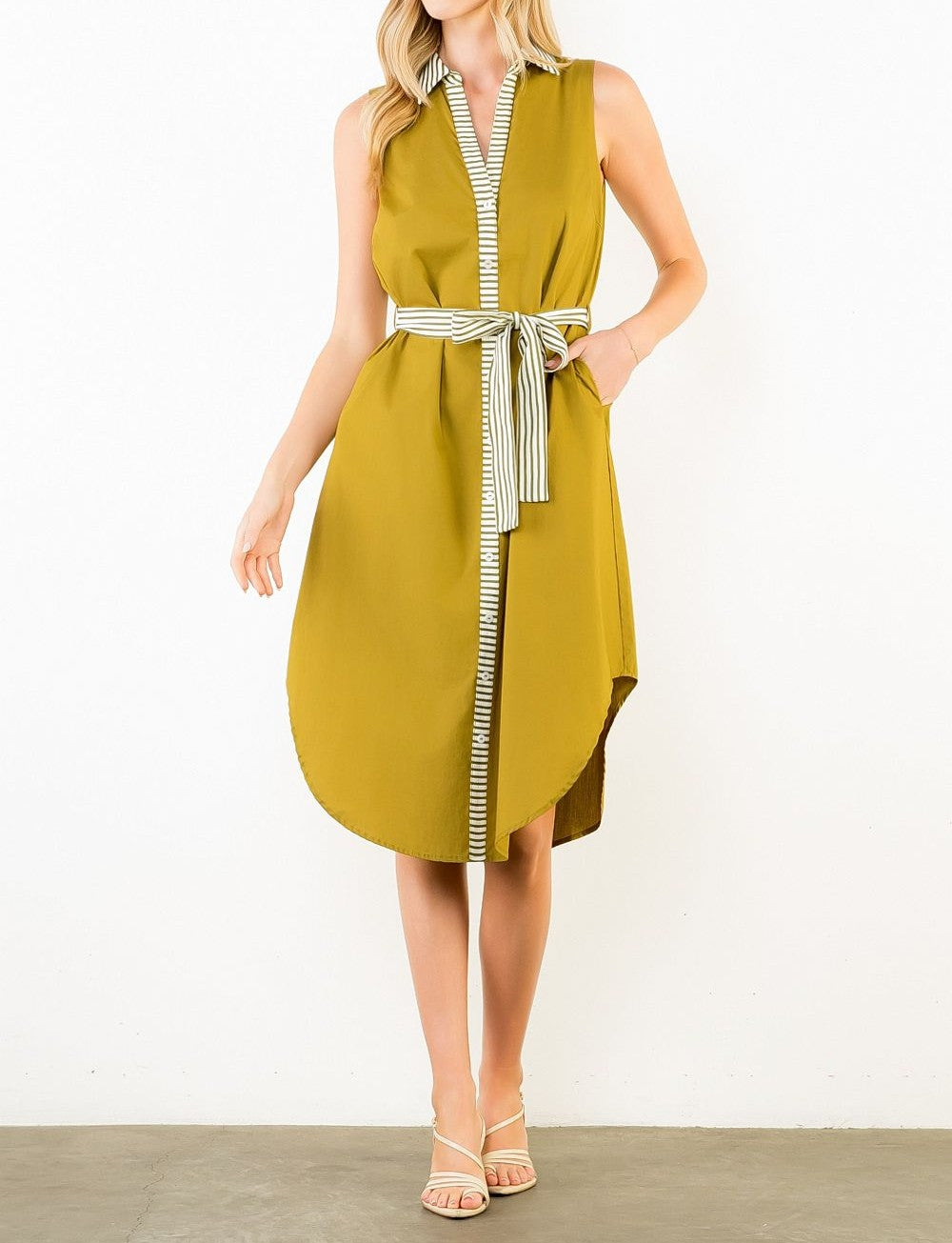 OLIVE STRIPED BANDING BUTTON-DOWN SLEEVELESS MIDI DRESS