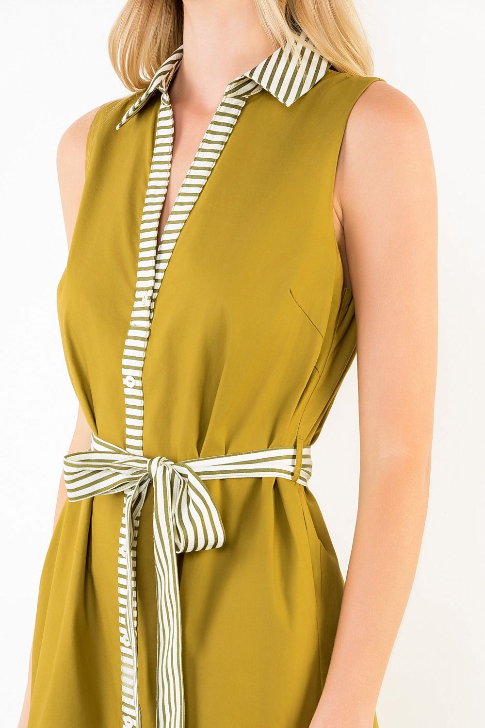 OLIVE STRIPED BANDING BUTTON-DOWN SLEEVELESS MIDI DRESS