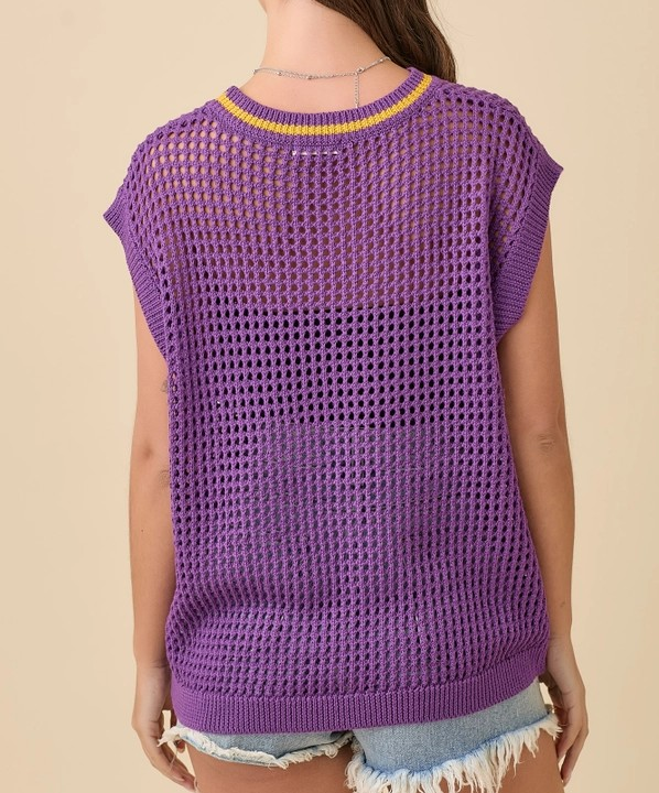 PURPLE/YELLOW GAMEDAY OVERSIZED DROP SHOULDER CROCHET KNIT SWEATER