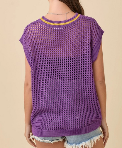 PURPLE/YELLOW GAMEDAY OVERSIZED DROP SHOULDER CROCHET KNIT SWEATER