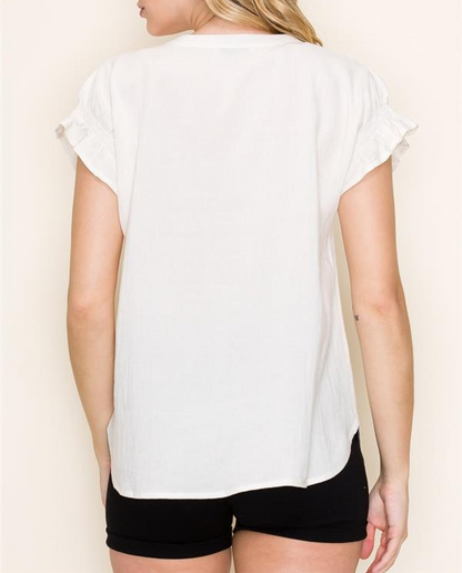 NATURAL VNECK RUFFLED GATHERED HEM SHORT SLEEVE TOP