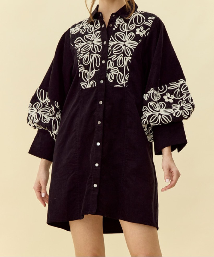 BLACK EMBROIDERED DETAIL BUTTON UP DRESS