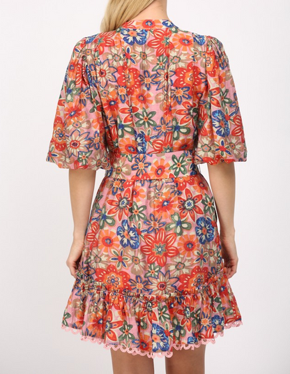 MAUVE MULTI FLORAL PRINT PUFF SLEEVE BELTED MINI DRESS