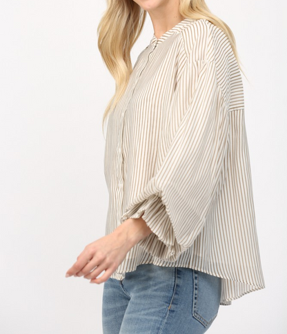TAUPE STRIPE TENCEL BLEND BUBBLE SLEEVE BLOUSE