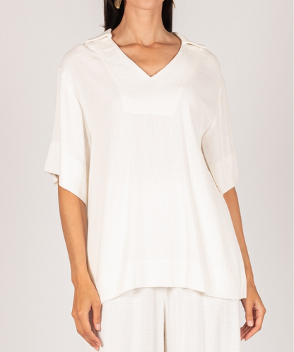 IVORY LINEN COLLARED SHORT SLEEVE TOP