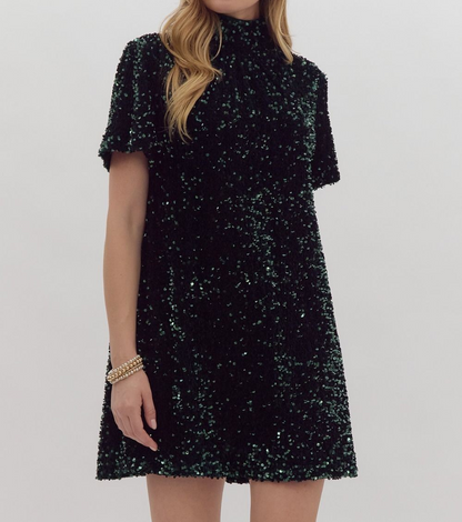 EMERALD GREEN SEQUIN MOCK NECK MINI DRESS