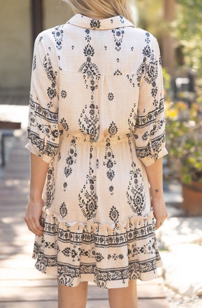 TAUPE BOARDER PRINT WAIST DRAWSTRING SHIRT DRESS