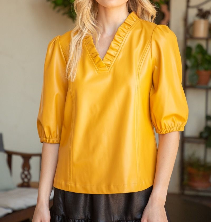 MUSTARD FAUX LEATHER RUFFLED VNECK PUFF SLEEVE TOP