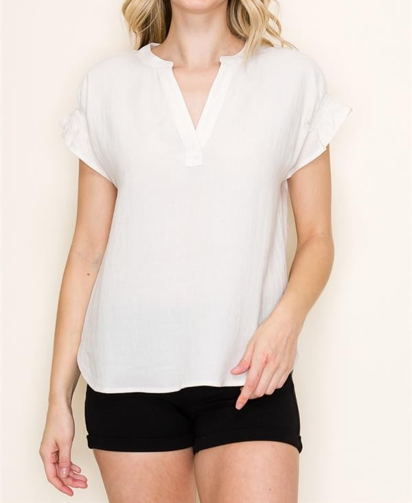 NATURAL VNECK RUFFLED GATHERED HEM SHORT SLEEVE TOP