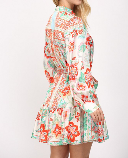 CREAM MULTI SATIN FLORAL PRINT TIE WAIST BUTTON UP MINI DRESS
