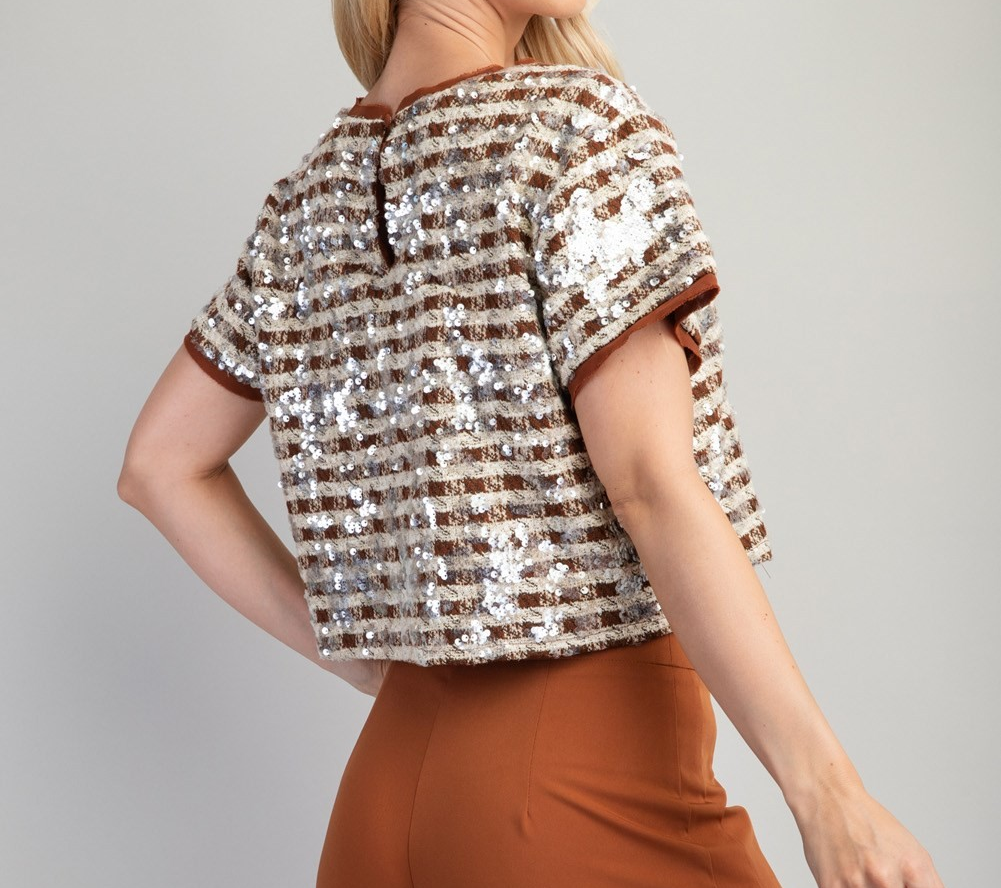 BROWN STRIPED SEQUIN CREW NECK CROP TOP