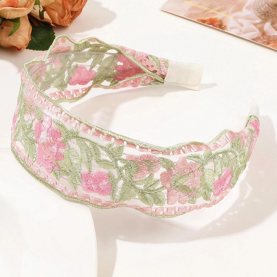 GREEN/PINK FLORAL MESH EMBROIDERED FLOWER HEADBAND