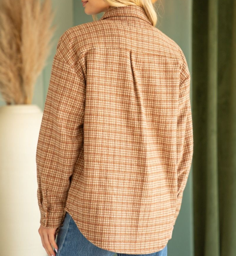 BROWN HAUNDSTOOTH PLAID SHACKET