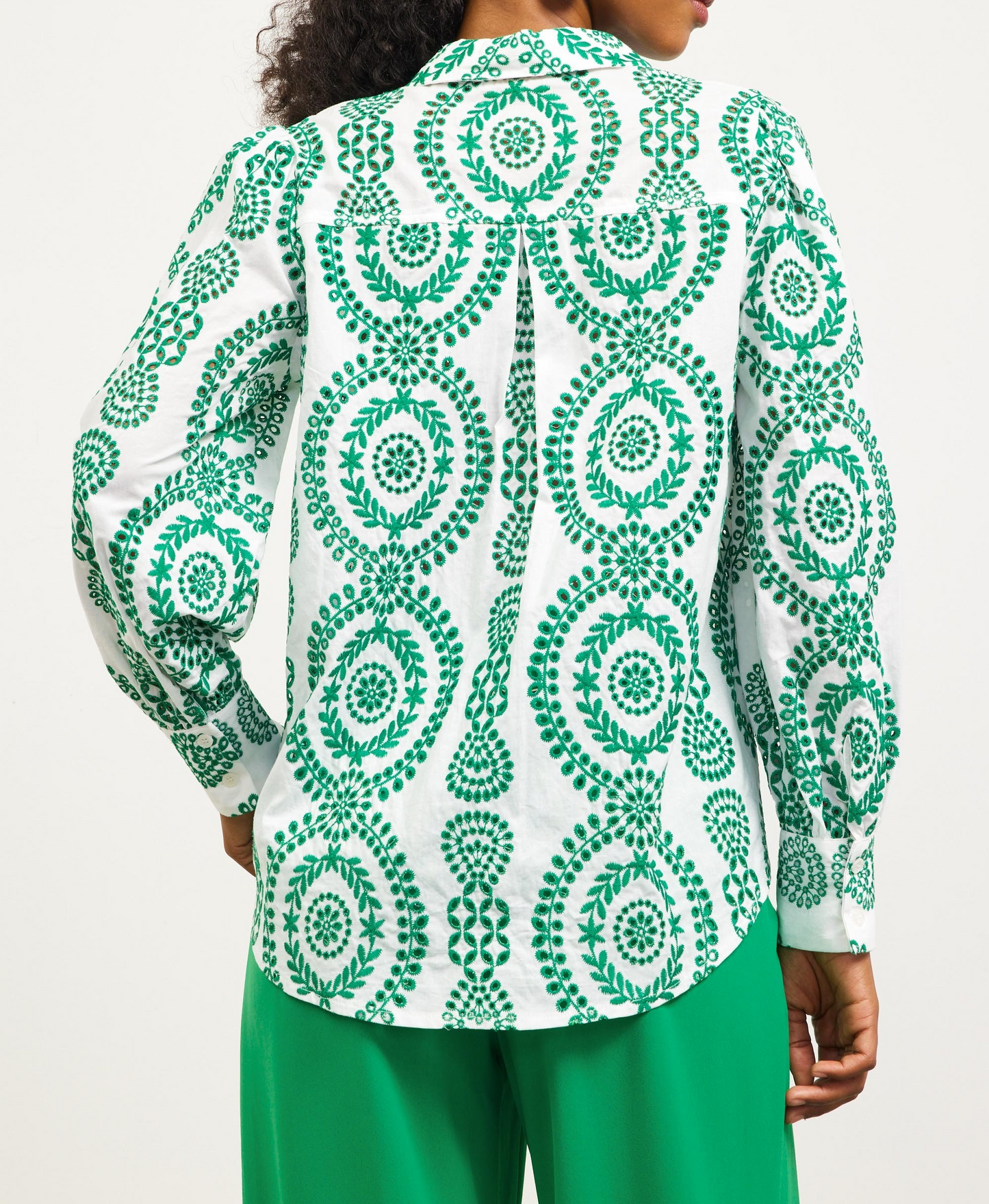 GREEN/WHITE EYELET EMBROIDERED LONG SLEEVE BUTTON DOWN SHIRT