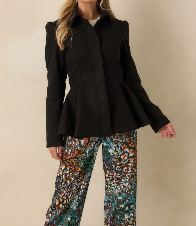 BLACK BUTTON UP PEPLUM LONG SLEEVE FIELDING RIDING JACKET