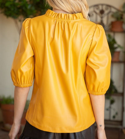 MUSTARD FAUX LEATHER RUFFLED VNECK PUFF SLEEVE TOP