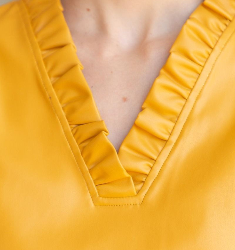 MUSTARD FAUX LEATHER RUFFLED VNECK PUFF SLEEVE TOP